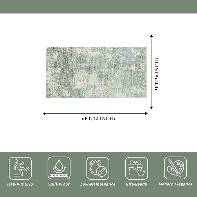 3x6 Washable Kitchen Runner Rug - Non Slip Stain Resistant Low-Pile Thin Wide Carpet Runners for Entryway Hallway Bathroom Bedside,Modern Neutral Abstract(Sage Green,3x6)