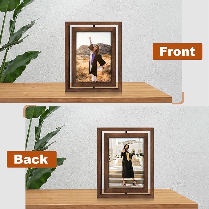Egofine 2 Pack 6x8 Rotating Floating Picture Frames,Double-Sided Display with HD Glass Front Wooden Distressed Frame for Vertical or Horizontal Tabletop Display, Carbonization