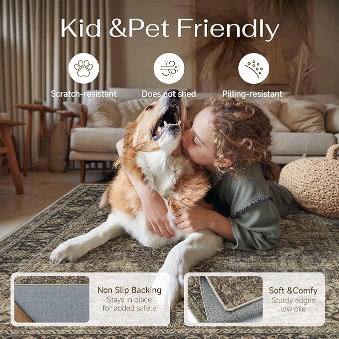 4x6 Washable Area Rug Brown Vintage Non Slip Soft Low Pile Rug for Entryway Kitchen Bathroom Distressed Oriental Throw Carpet for Living Room Bedroom Home Decor