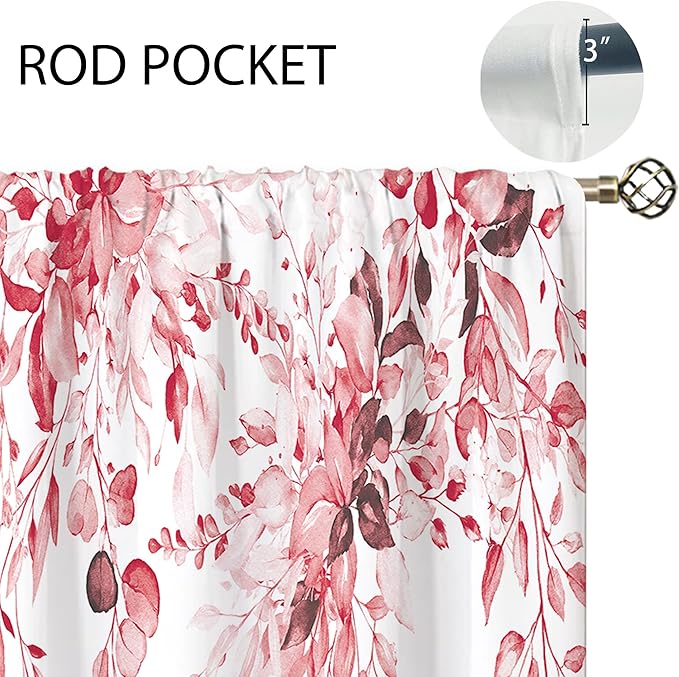 Pink Eucalyptus Botanical Leaves Floral Kitchen Window Curtains Over Sink Farmhouse Flower Leaf Small Window Treatment Cafe Short Curtains for Bathroom Treatment Tier Drapes 27.5x39 inch