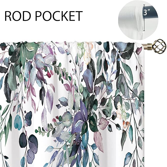 Blue Purple Eucalyptus Botanical Leaves Floral Window Curtains Farmhouse Rustic Flower Plant Wildflower Farmhouse Curtain Drapes Herb Curtains for Bedroom Living Room Treatment 42Wx45H Inch