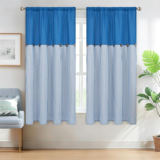 ASPMIZ Farmhouse Living Room Curtains Boho, Country Linen Curtains with Rustic Buttons, Rod Pocket & Back Tab Lake Blue Striped Curtain for Bedroom Window Curtain Home Decor, 52 x 63 Inch, 2 Panels