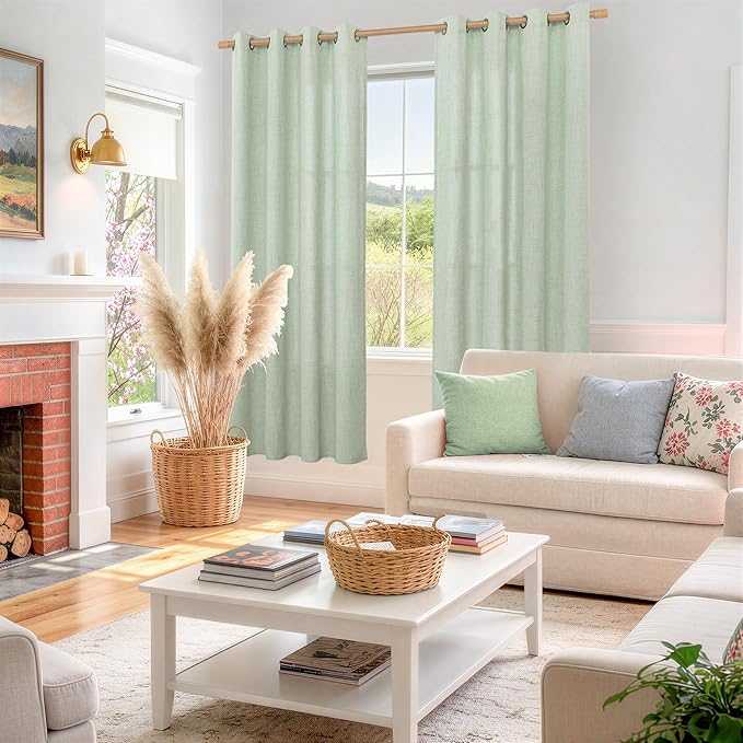 YoungsTex Sage Green Linen Curtains for Living Room 72 Inches Length - Semi Sheer Drapes Light Filtering with Bronze Grommet Window Treatments for Bedroom Dining Rustic, 2 Panels, 52 X 72 Inch