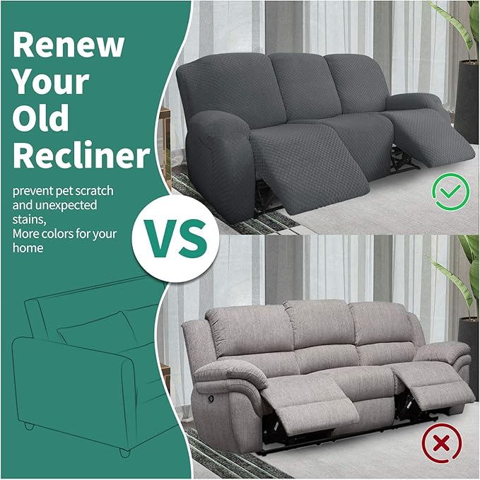 YEMYHOM 8 Pieces Stretch Recliner Sofa Cover Latest Jacquard Reclining Couch Cover with Side Pocket Anti-Slip Fitted 3 Cushion Furniture Slipcovers with Elastic Bottom (Sofa Recliner, Dark Gray)