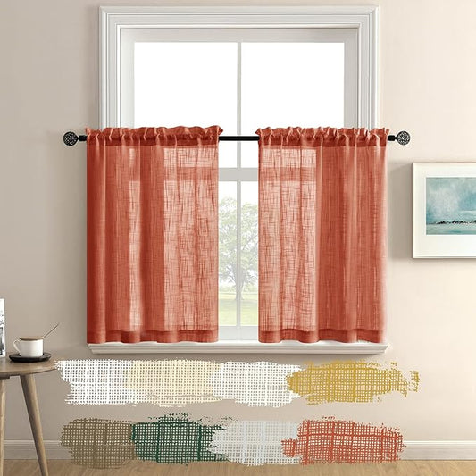 XTMYI Boho Orange Thanksgiving Kitchen Curtains Valances Sets of 2 Pack Short Semi Sheer Linen Light Filtering Curtains for Small Bedroom Window Bathroom 30 Inch Length