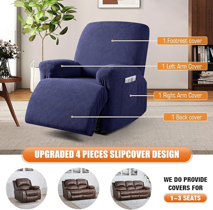 VANSOFY Oversized Recliner Chair Cover, 4-Pieces Stretch Recliner Covers for Recliner Chair Soft Reclining Chair Slipcover Jacquard Pattern Furniture Protector for Dogs Cats(Navy Blue)
