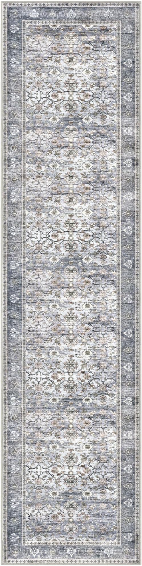 KUTA Vintage Floral Washable Hallway Runner, 2x8 Runners for Hallways Non-Slip Kitchen Rugs Grey Blue Ultra Thin Soft Printed Distressed Oriental Floor Carpet for Laundry Bedroom Living Room Nursery