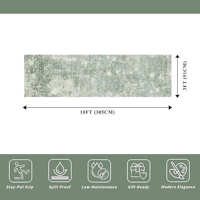 3x10 ft Long Hallway Runner Rug – Non-Slip Washable Kitchen Floor Rug with Rubber Backing, Modern Low Pile Thin Wide Carpet Runners for Bedroom, Entryway Indoor (Sage Green,3x10)