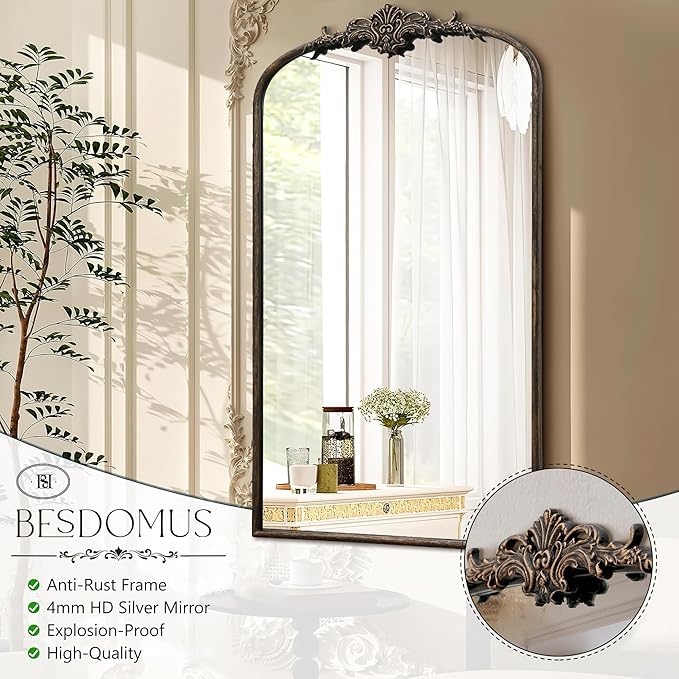 Besdomus Vintage Black Arched Mirror: 24"x42" French Large Arch Black Antique Vanity Wall Mounted Mirror - Traditional Ornate Metal Framed for Living Room/Entryway/Bathroom - Idea for Young Couples