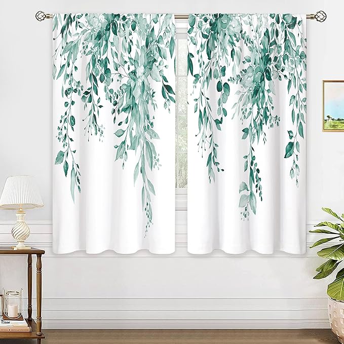 Green Teal Eucalyptus Botanical Leaves Floral Window Curtains Watercolor Turquoise Flower Plant Wildflower Farmhouse Curtain Drapes Herb Curtains for Bedroom Living Room Treatment 42Wx45H Inch