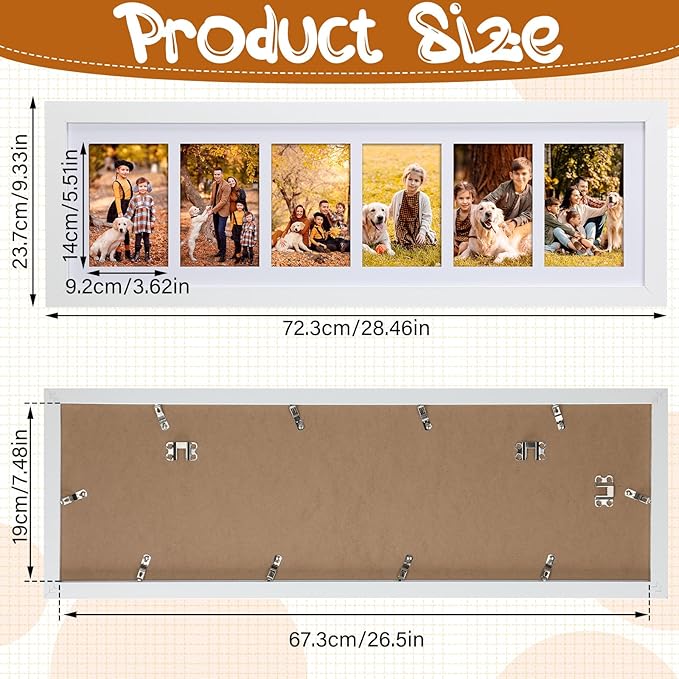 Chunful 2 Pcs 28.4 x 9.5 Inches Collage Picture Frames for Wall Multiple 4 x 6 Inch Wood Picture Frame Display 6 Opening Multi Photo Frame with Acrylic Screens Horizontal and Vertical(White)