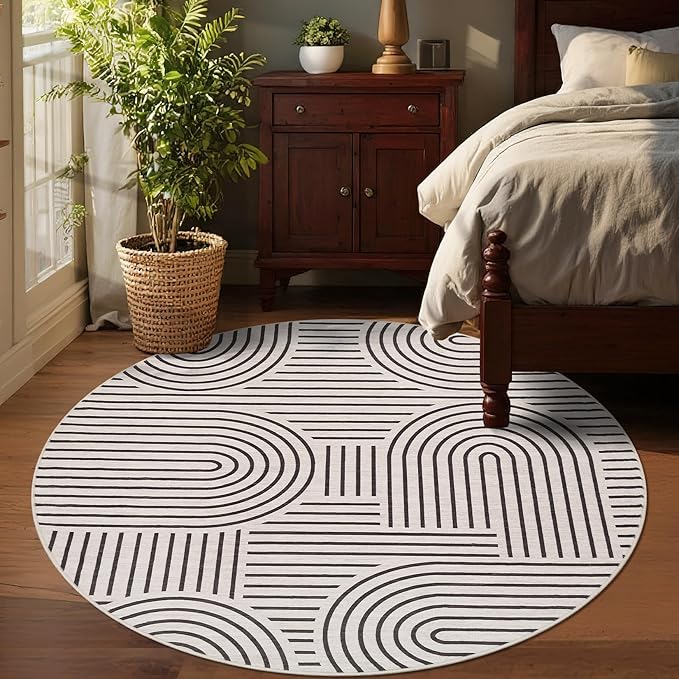 Washable Rug 4ft Area Rugs for Living Room, Abstract Rug for Bedroom, Soft Rainbow Non Slip Throw Rugs with Rubber Back, Low Pile Stain Resistant Boho Geometric Carpet for Dining Room,LightCamel