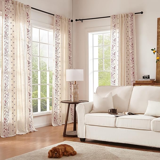 jinchan Winslow Linen Curtains for Bedroom 63 Inches Length Embroidered Bordered Floral Curtains for Living Room Farmhouse Decor Light Filtering Window Treatments Red on Beige Drapes 2 Panels