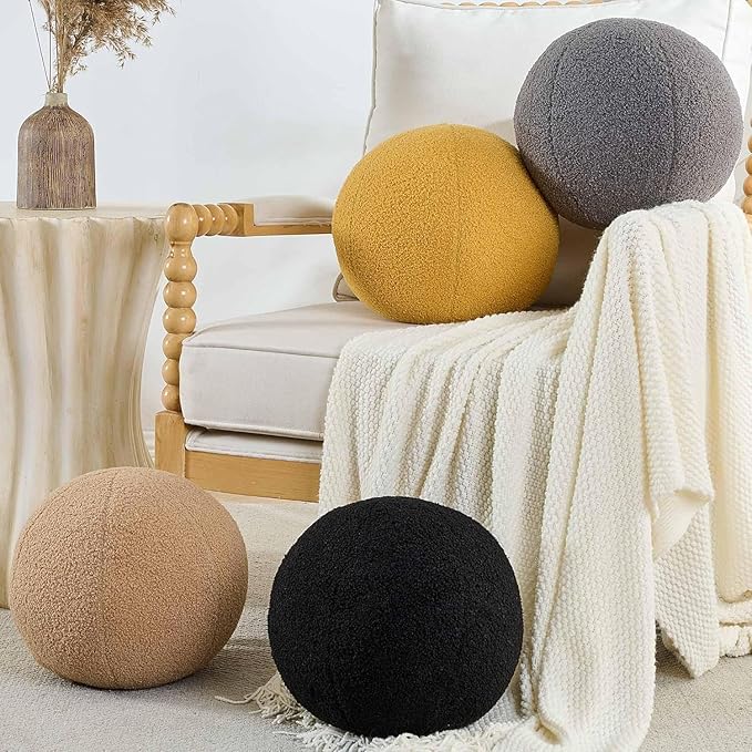 11.8 inch Ball Pillow Round Decorative Pillow Black Sphere Shaped Throw Pillows Soft Nordic Style Boucle Pillows Cushion for Bed Couch Living Sofa Room Decor