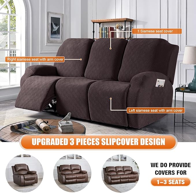 VANSOFY Recliner Sofa Covers, 3-Pieces Stretch Reclining Couch Covers with Pockets Reclining Couch Slipcovers 3 Seater Soft Washable Furniture Protector for Dogs Cats(Chocolate)