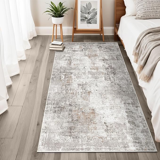 Washable 3x5 Entryway Rug - Non-Slip Soft Low-Pile Thin Small Area Rugs for Kitchen Bedroom Living Room Hallway – Modern Abstract Neutral Door mat Indoor（Beige Grey）