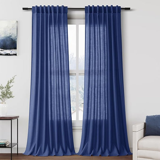 Nanspring Classic Blue Linen Curtains 102 Inches Long Rod Pocket Back Tab Drapes 2 Panels Set for Living Room Bedroom Light Filtering Semi Sheer Classic Blue Curtain 102 Length for Patio Door 52x102