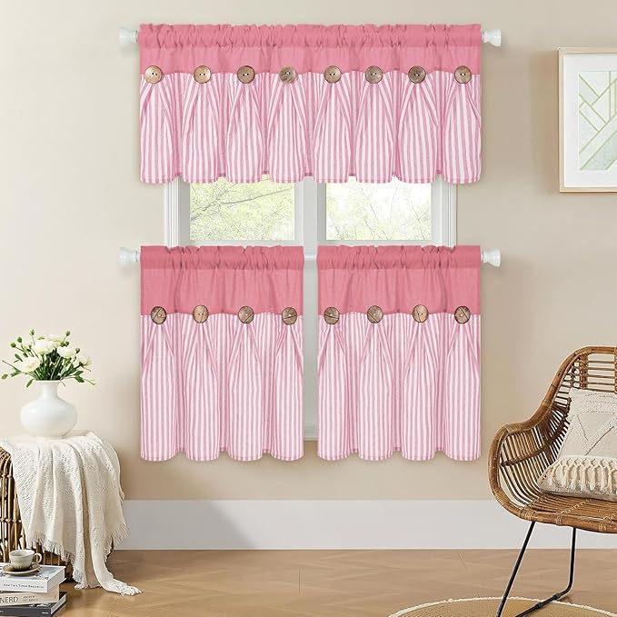 ASPMIZ Linen Kitchen Curtains 24 Inch Length, Farmhouse Boho Button Kitchen Window Curtain Over Sink, Pink Striped Short Curtains for Small Windows, Bathroom, Rod Pocket Window Treatment Tiers