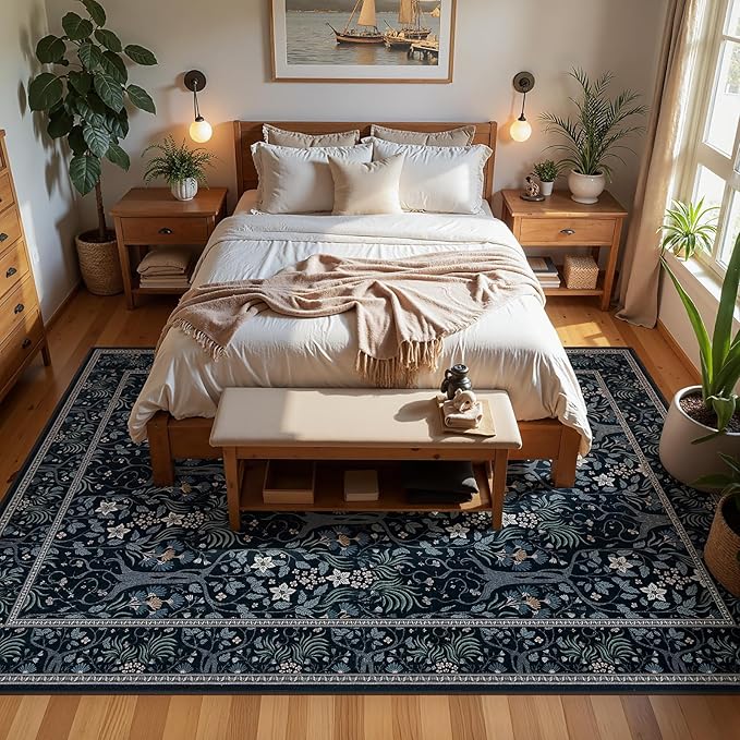 Joydeco Washable 6x9 Area Rugs for Living Room, Large Floral Black Rug for Bedroom Non Slip,Soft Vintage Distressed Stain Resistant Indoor Floor Throw Carpet for Dining Home Office
