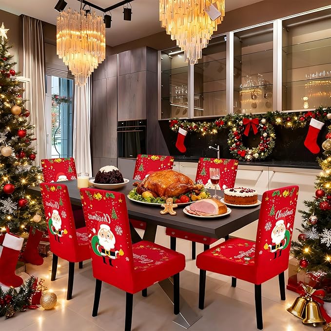 Christmas Chair Covers, Stretch Dining Room Chair Covers Set of 8, Christmas Decoration/Home Decor Chair Protector Slipcovers