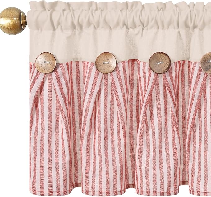 ASPMIZ Farmhouse Cotton Linen Valances for Windows, Boho Kitchen Curtains Valances with Rustic Button, Orange Stripe Window Treatments Curtain Valance for Bathroom Cafe, 52 x 18 Inch, 1 Pannel