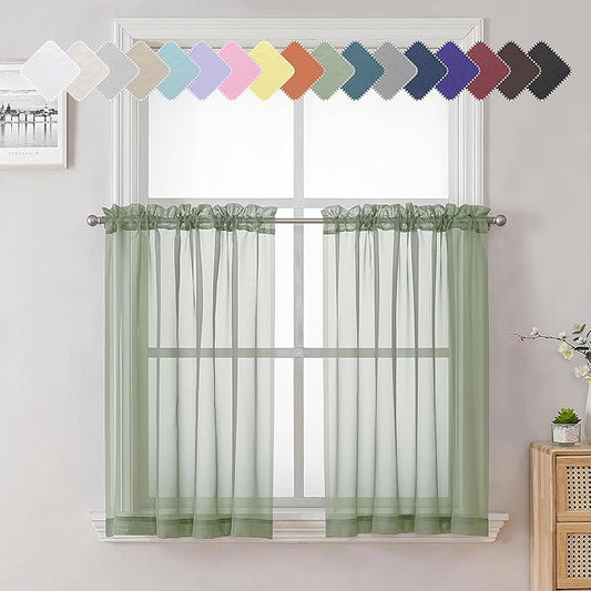 Lecloud Sage Green Sheer Kitchen Curtains 36 Inch Length 2 Pieces, Solid Volie Small Window Curtain Tiers for Bedroom Living Room, Rod Pocket Gauzy Window Treatments, 40x36 Inch