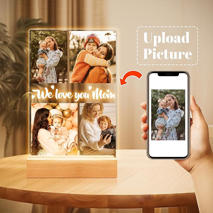 Personalized Picture Frame with Night Light, Custom Photo Frame with Photos, Customized Gifts for Mom Girls Boys, Personalized Birthday Gifts for Mom, Kids, Baby, Family