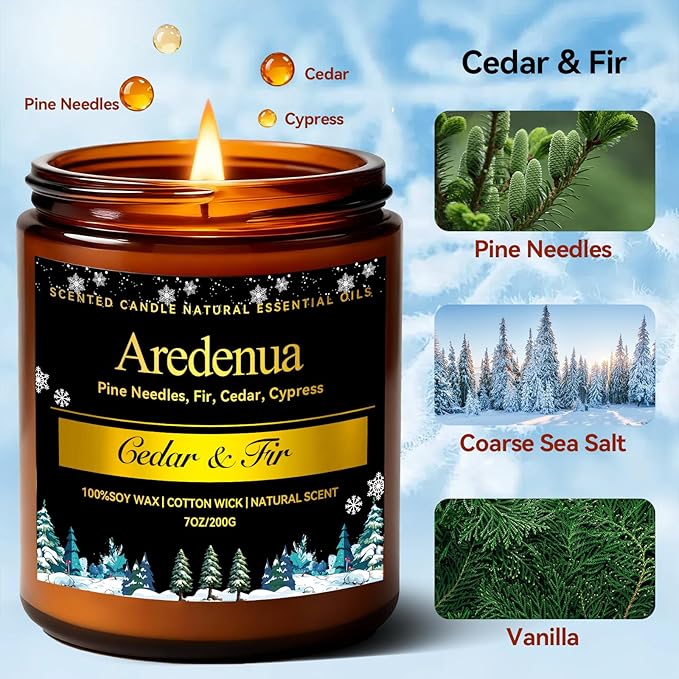 Cedar & Fir Scented Candle | 7oz Soy Candles for Home Scented with 50H Burn - Evergreen Pine Candle for Home | Aromatherapy Gifts for Women Men