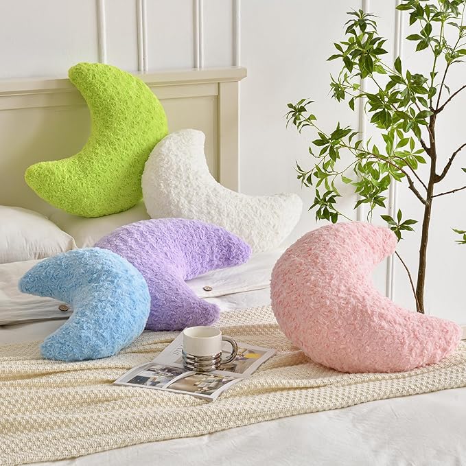 Moon Pillow, Decorative Throw Pillow with Soft Faux Fur for Couch Bed Sofa, Cute Half Moon Pillows with Room Decor for Bedroom Living Room (19 Inches, Green)