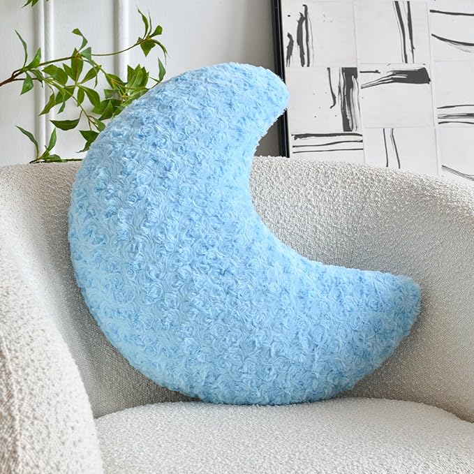 Moon Pillow, Decorative Throw Pillow with Soft Faux Fur for Couch Bed Sofa, Cute Half Moon Pillows with Room Decor for Bedroom Living Room (19 Inches, Blue)