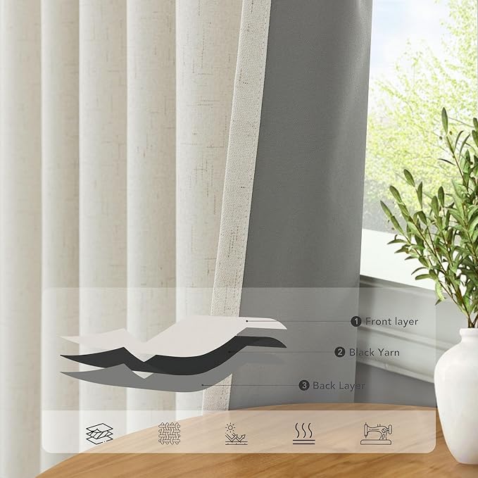 Neutral 80 Inch Nursery Blackout Curtains for Bedroom 80 Inches Long 2 Panel Thermal Curtain for Summer Heat Blocking Linen Textured Custom Made Drapes Pleated Back Tab Rustic Ceiling to Floor Length
