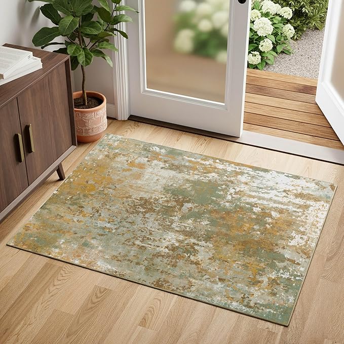 Entryway Rug 2x3 Green Door Mat Indoor Entrance 24x36, Washable Small Throw Rugs for Kitchen Floor, Entry, Front Door, Bedside, Non-Slip Low Pile Stain & Fade Resistant, Abstract Sage Green