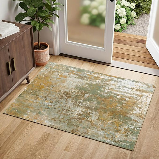 Entryway Rug 2x3 Green Door Mat Indoor Entrance 24x36, Washable Small Throw Rugs for Kitchen Floor, Entry, Front Door, Bedside, Non-Slip Low Pile Stain & Fade Resistant, Abstract Sage Green