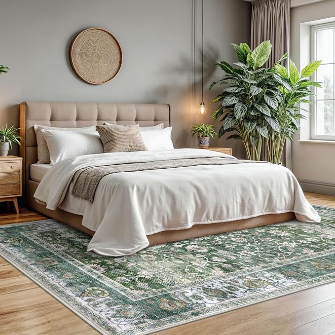 KUTA Vintage 8x10 Area Rugs for Living Room, Green Washable Large Rug for Bedroom 8ft x 10ft Non-Slip, Ultra Thin Soft Printed Traditional Floral Medallion Distressed Dining Room Low-Pile Carpet