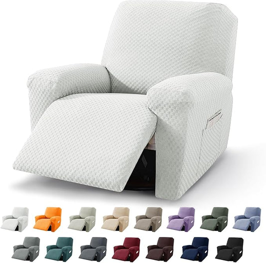 YEMYHOM 4 Pieces Stretch Recliner Slipcover Latest Jacquard Recliner Chair Cover with Side Pocket Anti-Slip Fitted Recliner Cover Couch Furniture Protector with Elastic Bottom (Recliner, White)