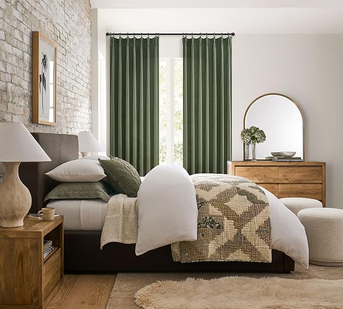 Loden Pinch Pleated Floor to Ceiling Long Curtains 120 Length, Vintage Curtains for Bedroom 2 Panels Set with Hooks Dark Olive Green Linen Pretty Light Filtering Semi Sheer Drapes 10 FT Length