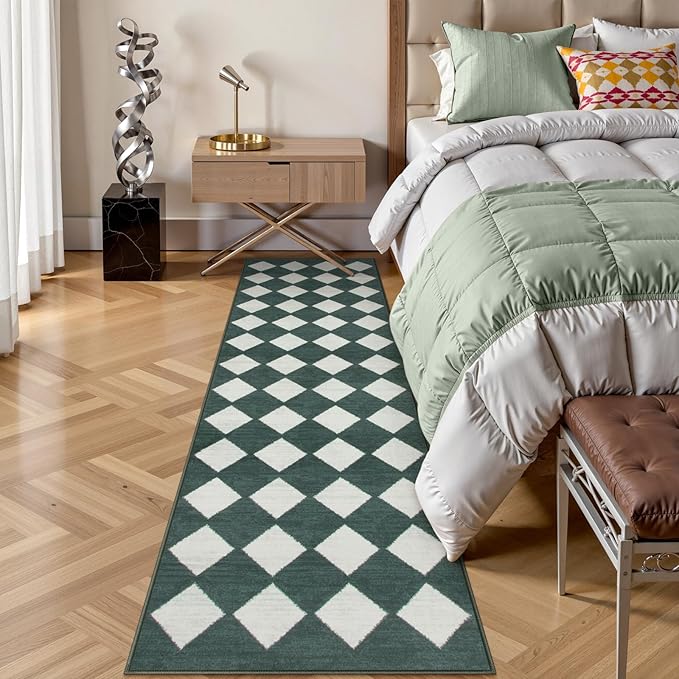 Lahome Zelie Checkered Washable 2x8 Green Runners for Hallways Non Slip, Ultra-Thin Kitchen Bathroom Runner Rugs, Moroccan Trellis Throw Carpet Runner for Bedroom Entryway Decor (2'x8',Dark Green)