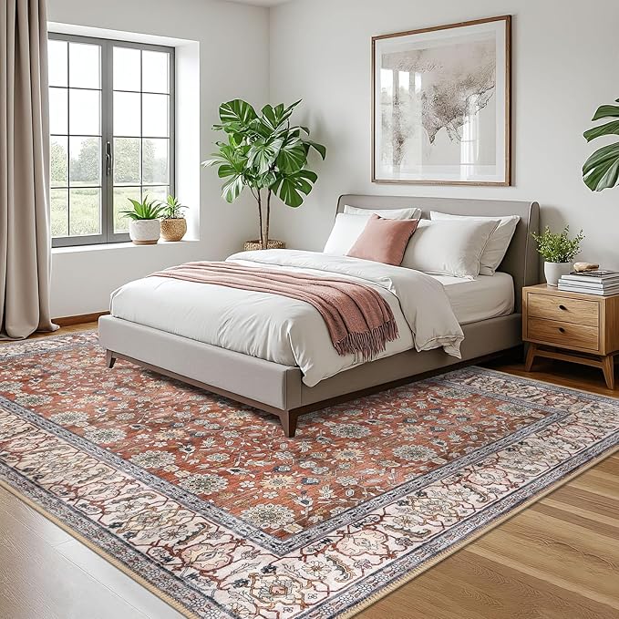 KUTA Vintage Floral 9x12 Area Rug, Large Washable Rugs for Living Room Non Slip, Red Clay Ultra Thin Soft Print Distressed Flower Low-Pile Traditional Carpet for Bedroom Dining Room Dorm Office