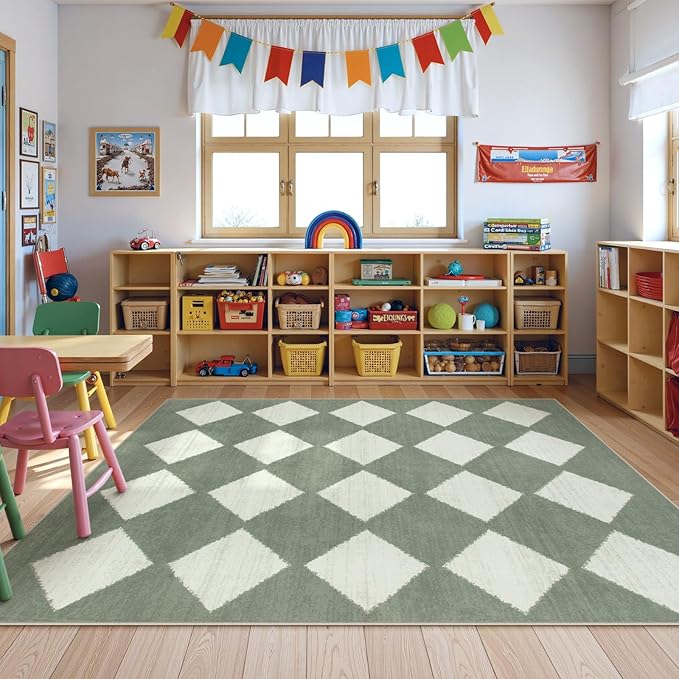Lahome Zelie Checkered Washable 5x7 Rugs for Living Room Green Rug for Bedroom, Soft Dining Room Rugs for Under Table, Diamond Trellis Throw Carpet for Entryway Dorm Kids Playroom (5'x7',Green)