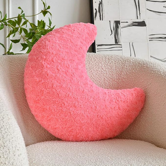 Moon Pillow, Decorative Throw Pillow with Soft Faux Fur for Couch Bed Sofa, Cute Half Moon Pillows with Room Decor for Bedroom Living Room (19 Inches, Rose Pink)