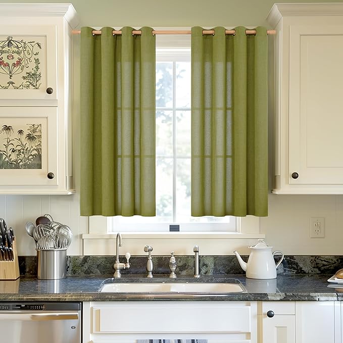 YoungsTex Green Linen Curtains 45 Inches Length, Short Window Drapes Light Filtering with Bronze Grommet for Kitchen Bedroom Decorative, 42 x 45 Inch, 2 Panels