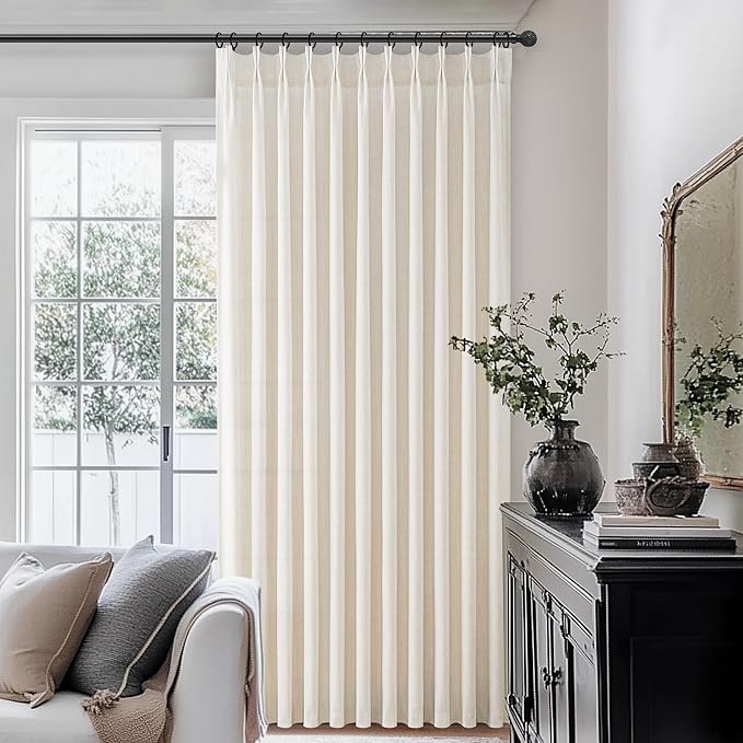 Ivory Natural Linen 70 Inch Extra Wide Curtains & Drapes 108 Inches Long 2 Panels Set for Sliding Glass Doors, Memory Trained Pinch Pleated Sheer Light Filtering Extra Long Curtain 70"W x 108"L Burg