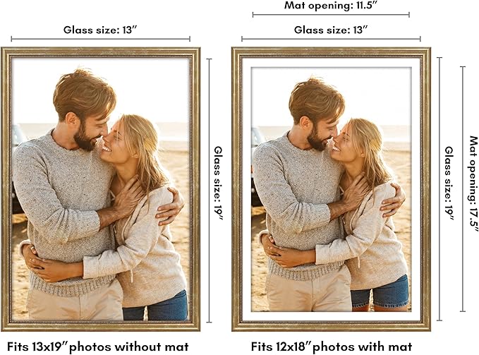 Americanflat Vintage Frames - 13x19 Picture Frame with Beaded Accents and Polished Plexiglass - Use as 12x18 Frame or Display 13x19 Photos Without Mat - Heirloom Collection - Wall Display - Gold