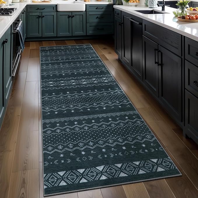 SERISSA 2x6 Kitchen Runner Rug, Washable Non-Slip Grey Boho Rug, Soft Low-Pile Geometric Indoor Carpet for Hallway Laundry Room Bathroom Bedroom Entryway