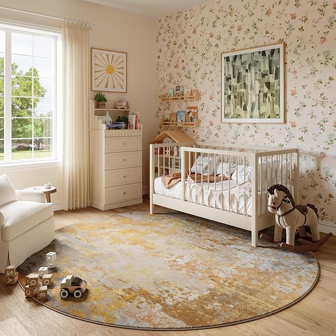 Beige Gold Round Area Rugs 4ft Washable Circle Rug for Entryway Kitchen, Non Slip Soft Low Pile Stain Resistant, Boho Circular Carpet for Living Room Bedroom Dorm Dining Room Table, Abstract Tan