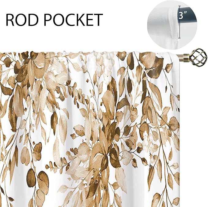 Tan Eucalyptus Botanical Leaves Floral Window Curtains Watercolor Yellow Flower Plant Wildflower Farmhouse Fall Curtain Drapes Herb Curtains for Bedroom Living Room Treatment 42Wx45H Inch