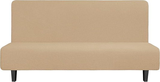 Easy-Going Stretch Futon Slipcover Armless Futon Bed Cover Furniture Protector Without Armrests with Elastic Bottom for Kids, Soft Jacquard Fabric Small Checks (Large, Sand)