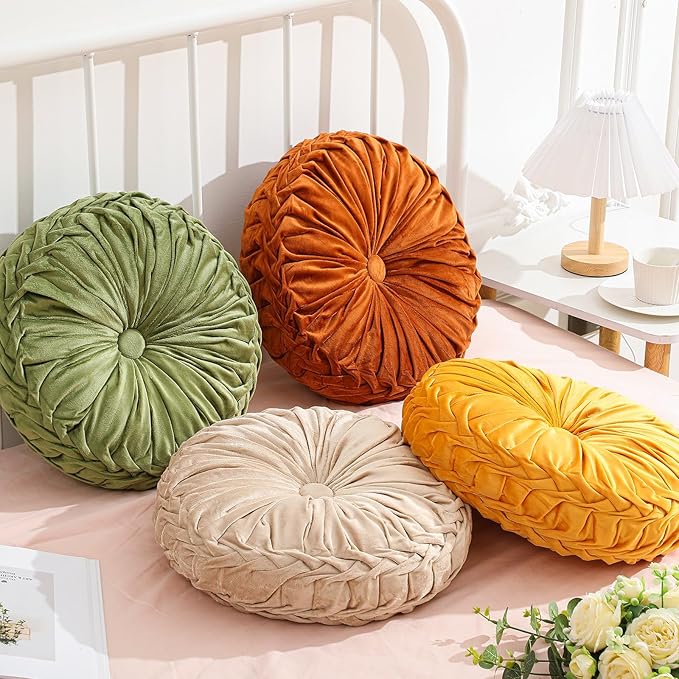Drydiet 4 Pcs Round Throw Velvet Pillows Decorative Pleated Throw Pillows 15'' Diameter Accent Pumpkin Boho Chair Cushion for Couch Sofa Home Decoration (Fall Color)