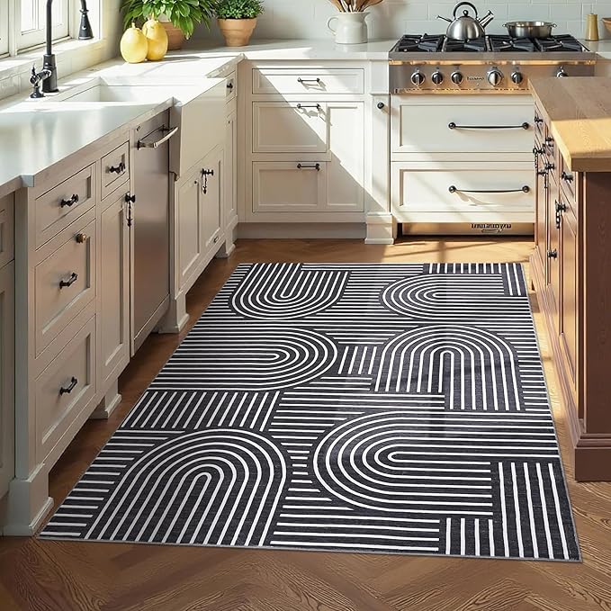 ROYHOME Washable Rug 3x5 Area Rugs for Living Room, Abstract Rug for Bedroom, Soft Rainbow Non Slip Throw Rugs with Rubber Back, Low Pile Stain Resistant Boho Geometric Carpet for Dining Room, Black