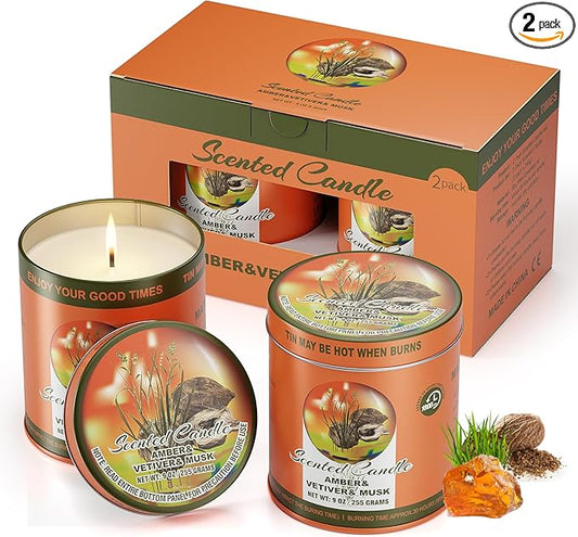 2 Pack Scented Candles (90 Total Burn Hours) - Soy Wax Candles 9 oz Each in Tin - Long Lasting Aromatherapy Candle Gift Set (Amber Vetiver Musk)
